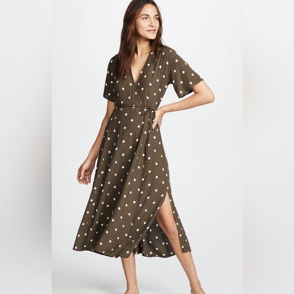 Faithfull the Brand Olive Polka Dot Wrap Dress size Large